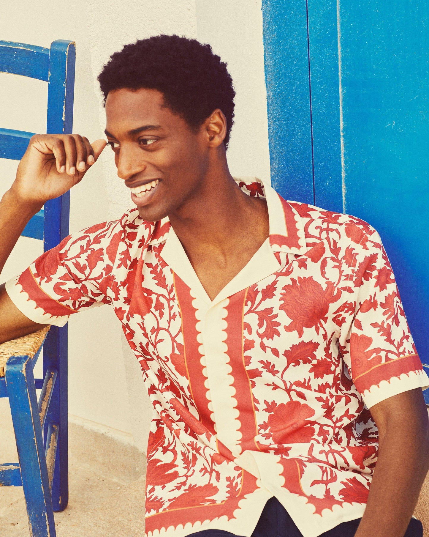 Maitan - Dragonflower Print Relaxed Fit Capri Collar Shirt in Summer Red/White Sand Campaign