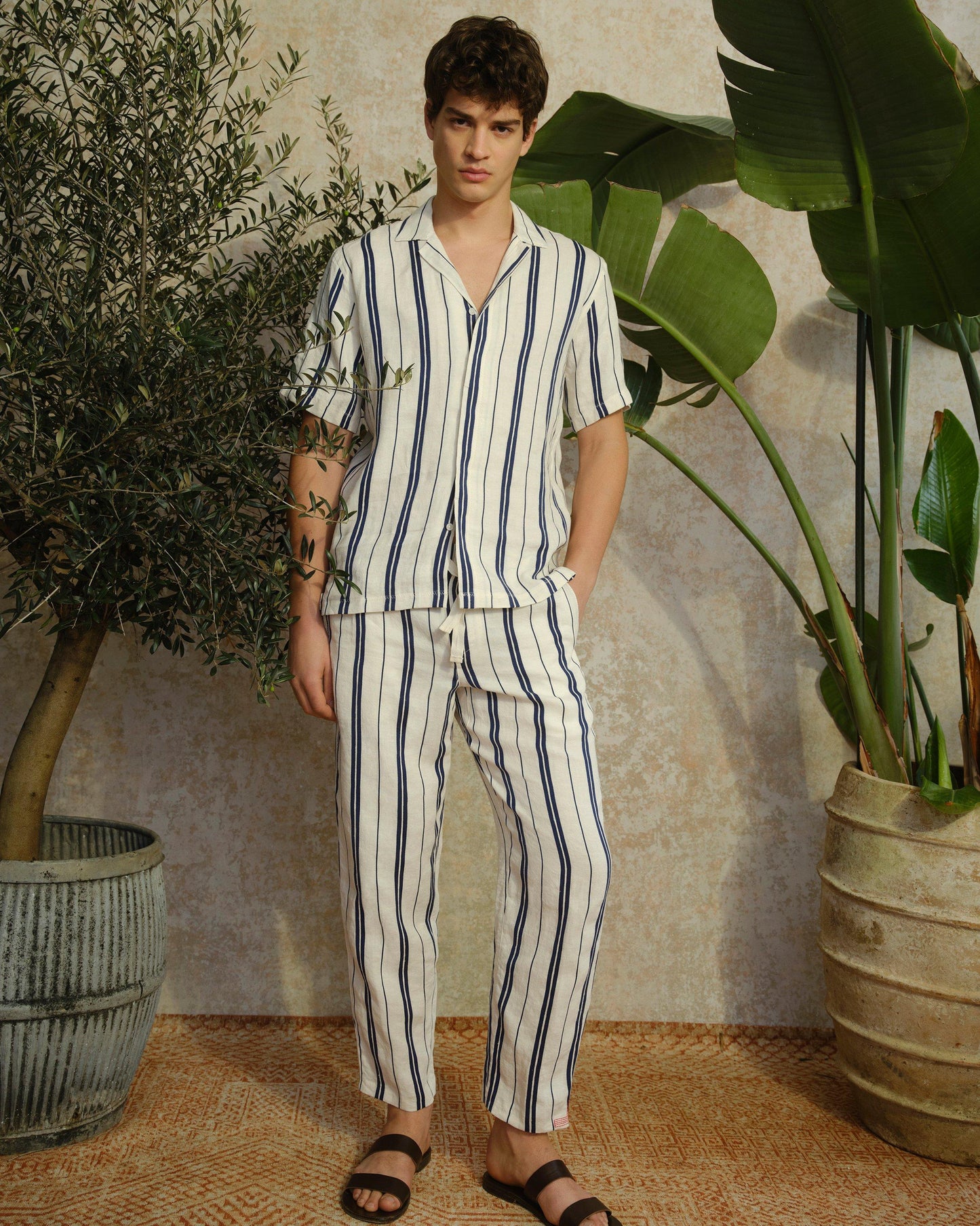 Alex Stripe - Azul Blue/Cashew Stripe Relaxed Fit Linen-Cotton Drawcord Trousers Campaign