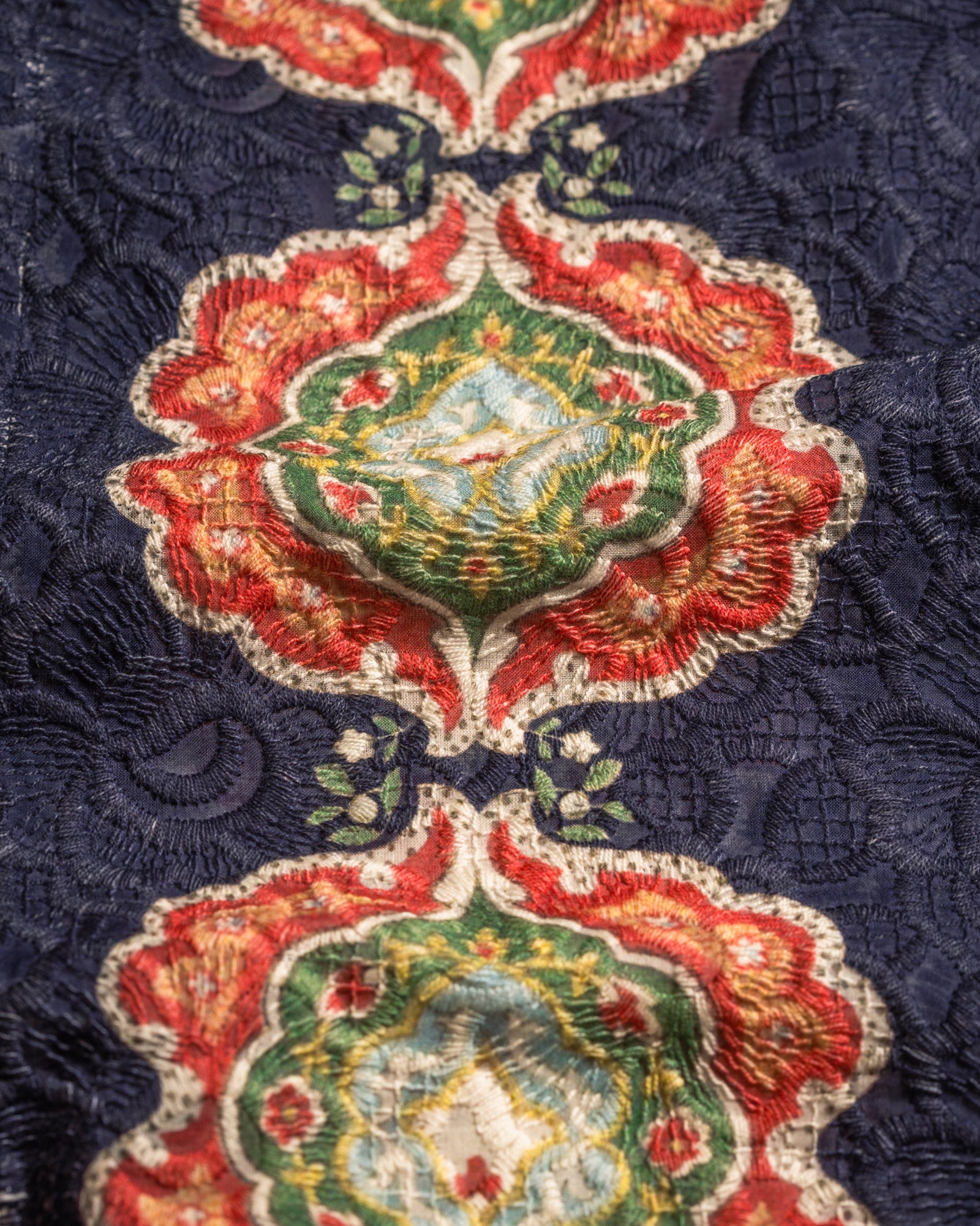 Closeup detail of broderie anglaise patterened shirt