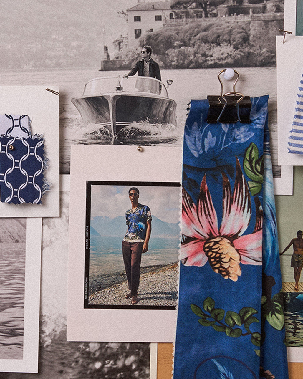 A collage of fashion design sketches, fabric swatches, and printed photos featuring colorful patterned garments, including striped and floral textiles in blue, red, green, and white.