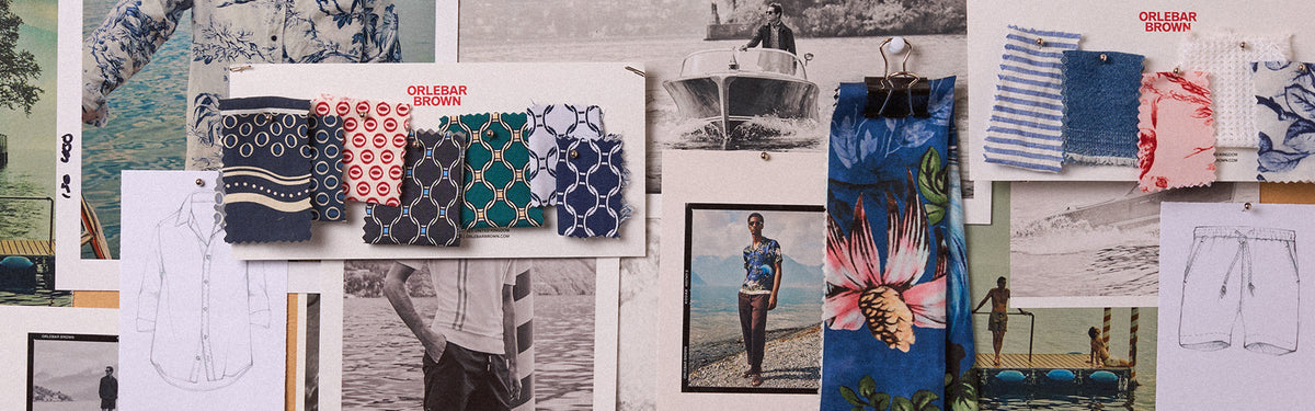 A collage of fashion design sketches, fabric swatches, and printed photos featuring colorful patterned garments, including striped and floral textiles in blue, red, green, and white.