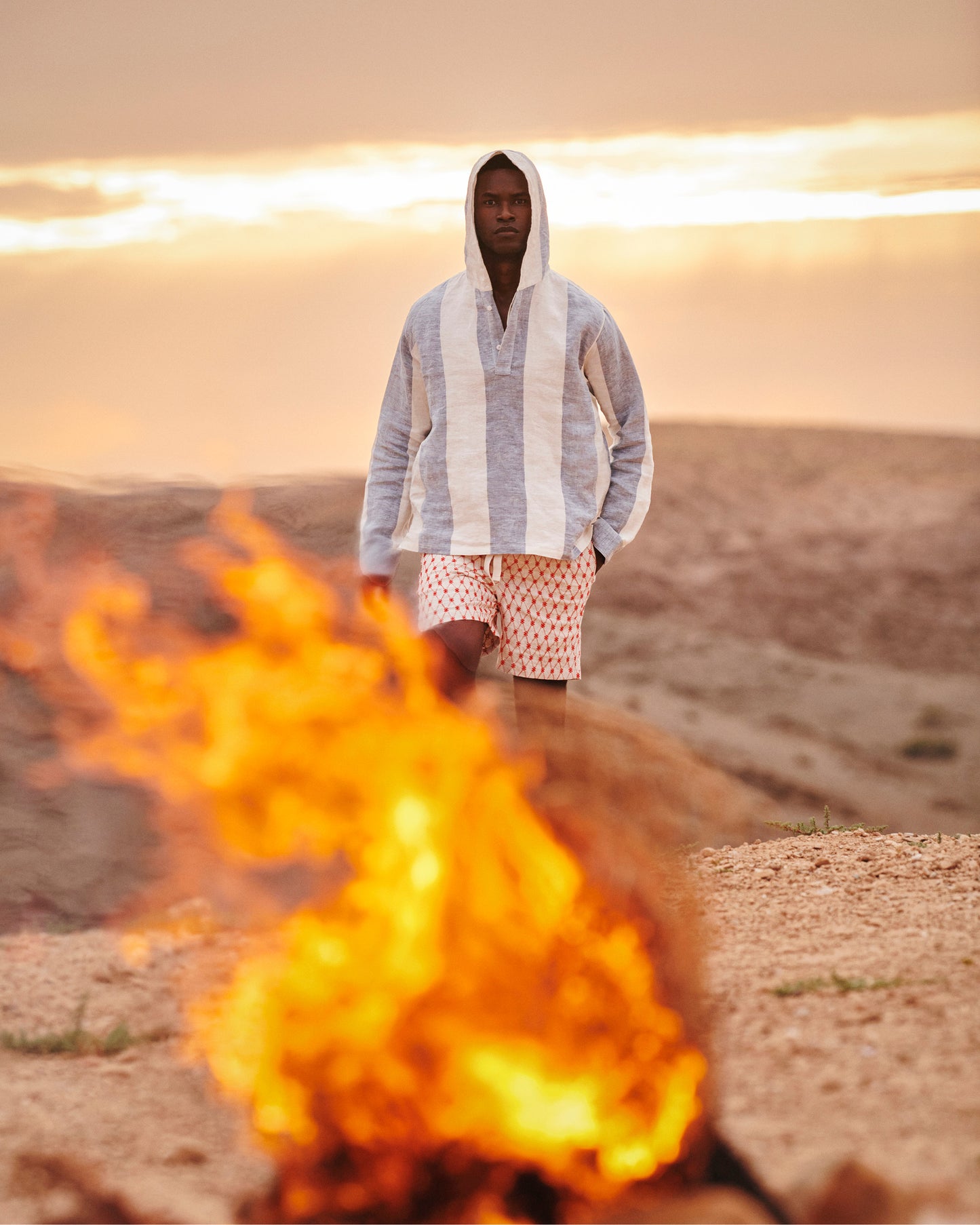 Shanklin - Relaxed Fit Overhead Hooded Stripe Linen Shirt in Bergamo Blue/White 