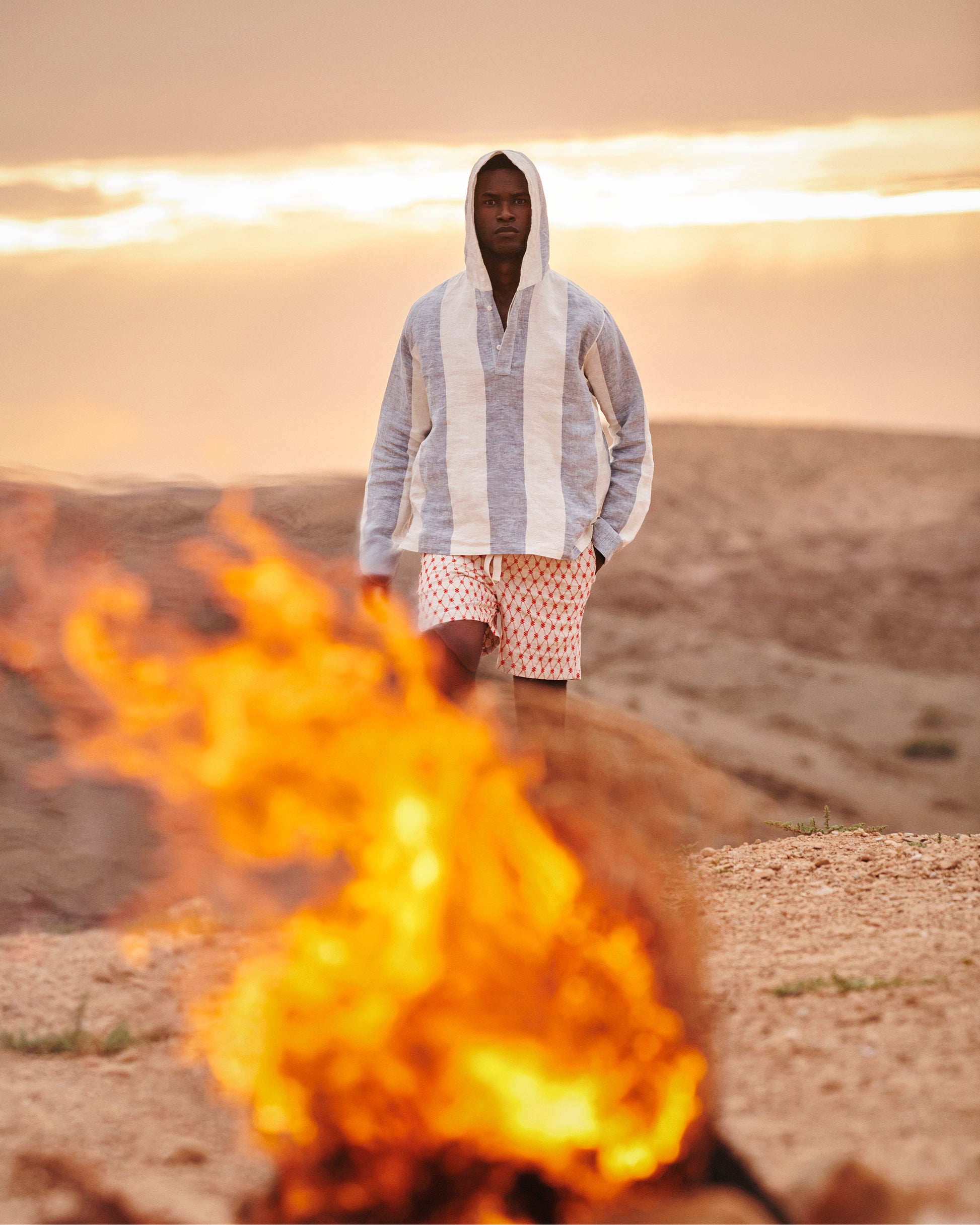 Shanklin - Relaxed Fit Overhead Hooded Stripe Linen Shirt in Bergamo Blue/White 