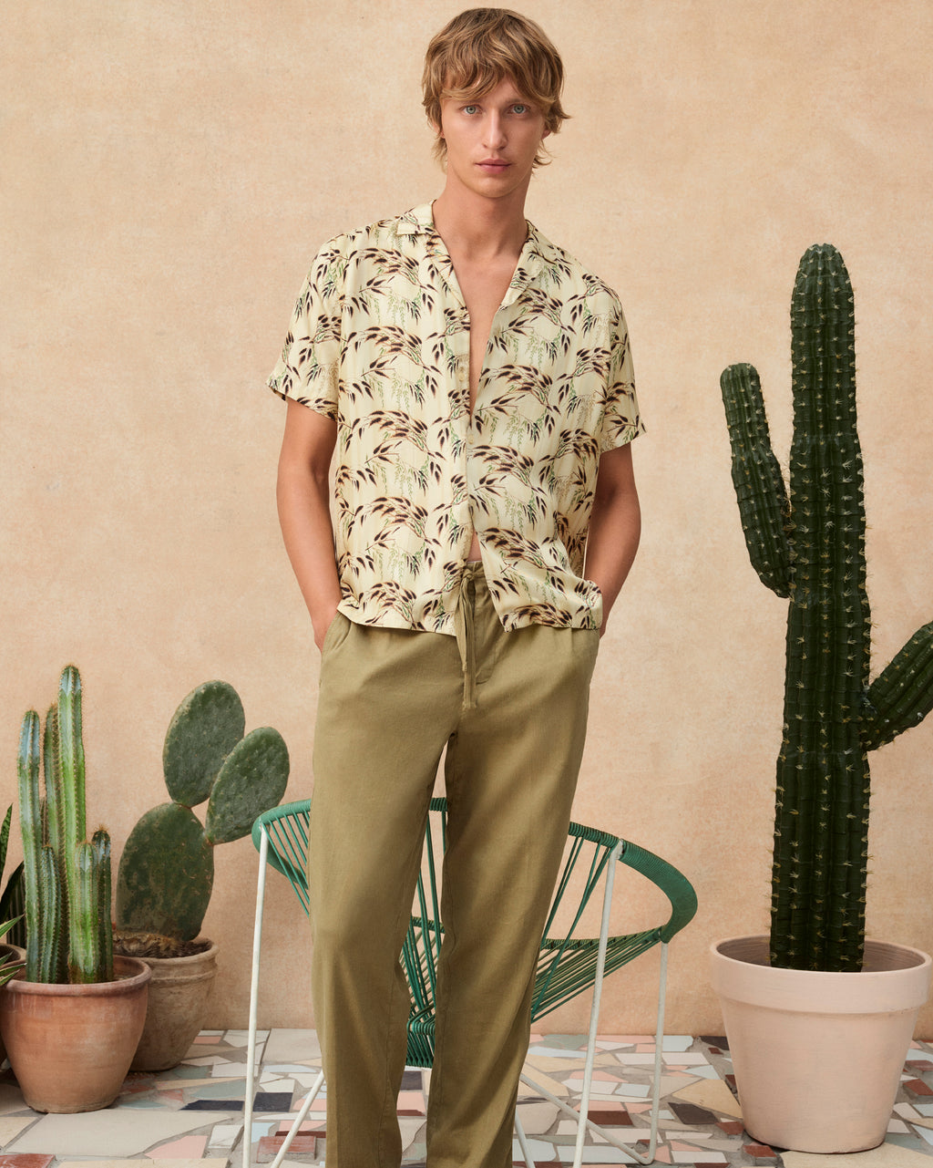 Alex Garment Dye - Relaxed Fit Garment Dye Cotton Trousers in Agave Green 