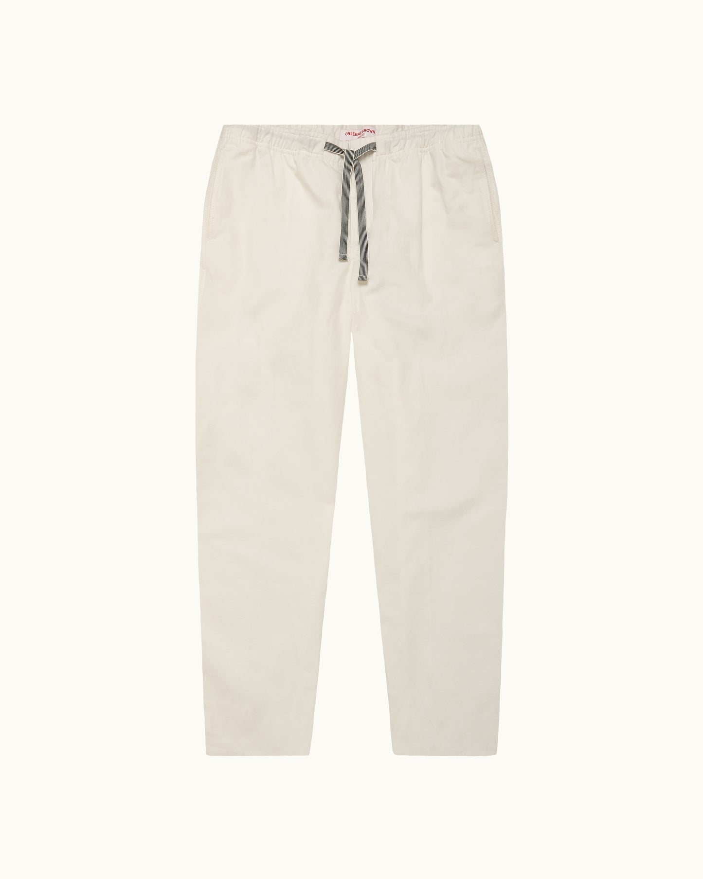 White pants with a gray drawstring on a white background