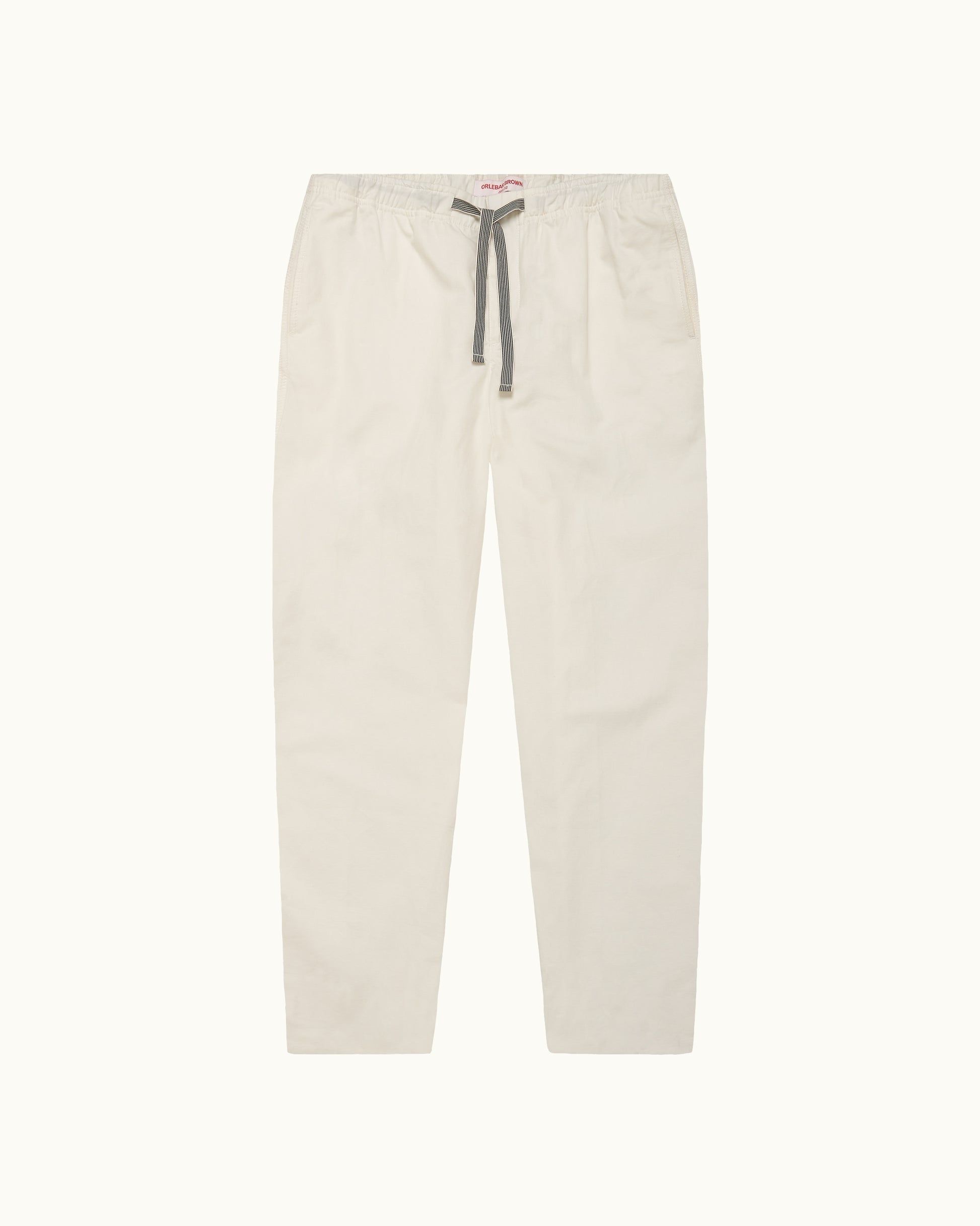 White pants with a gray drawstring on a white background