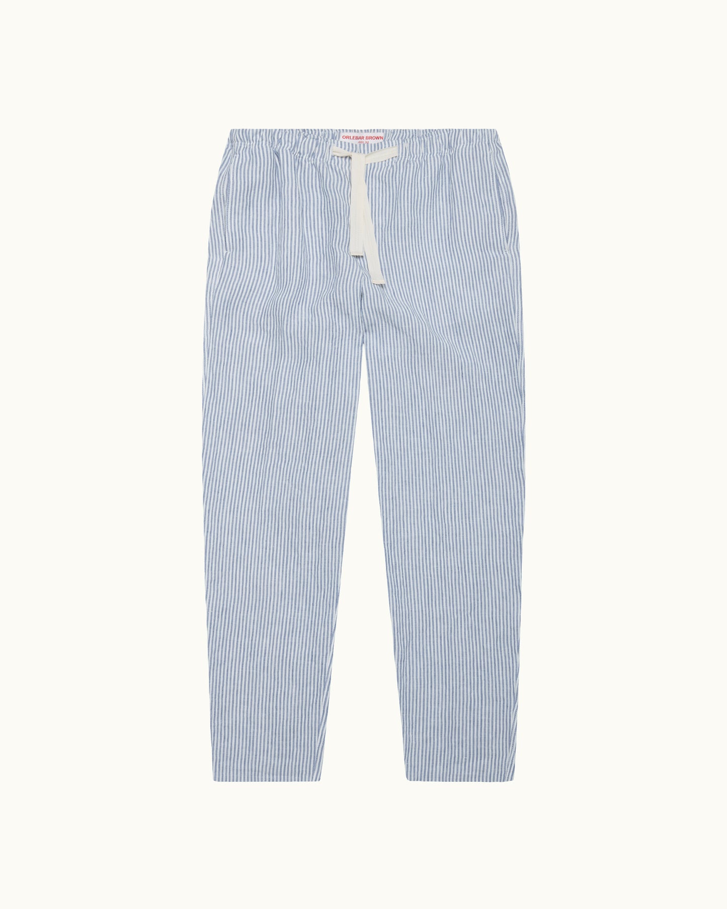 Blue and white striped trousers with drawstring waist on a plain background