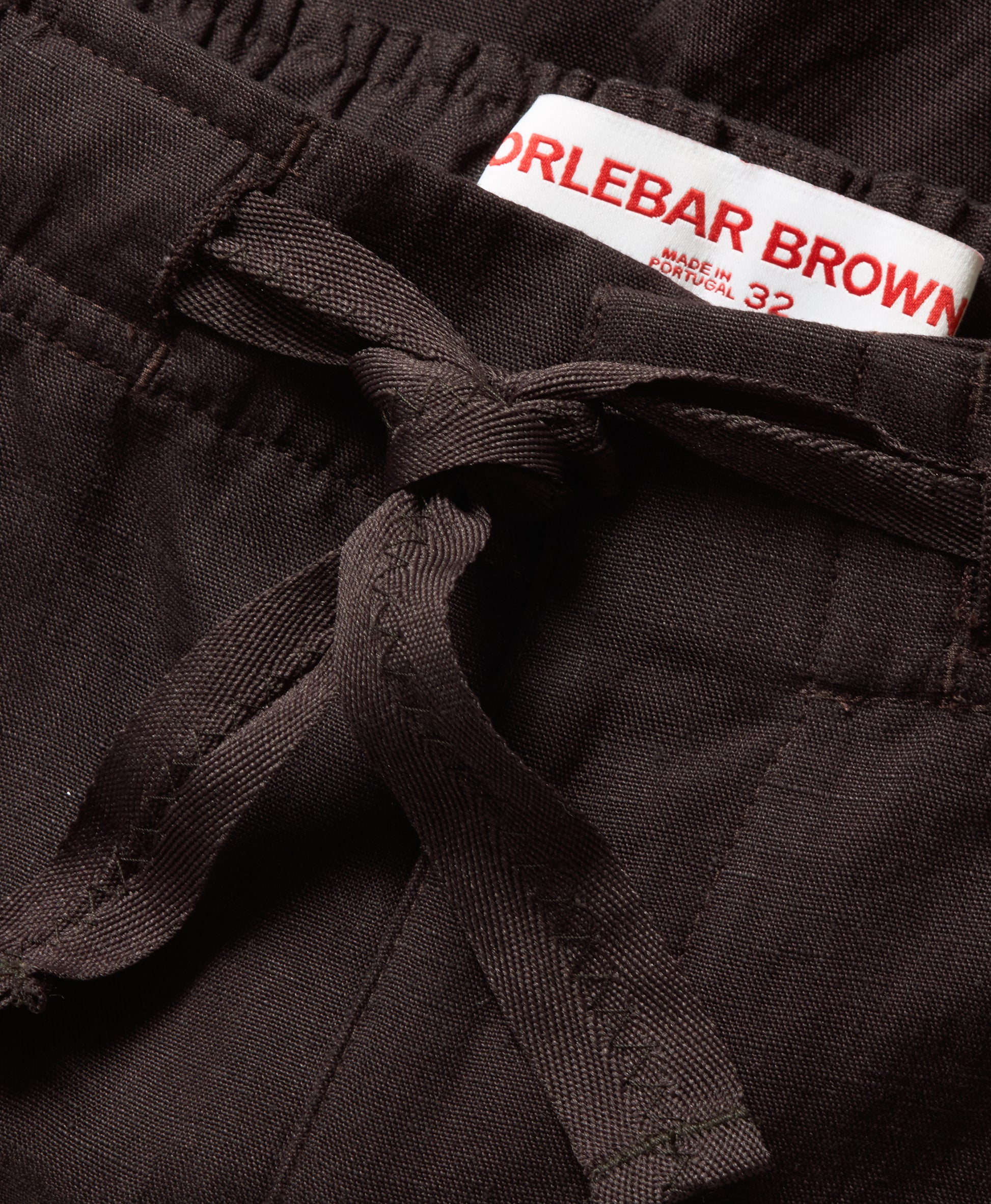 Close-up of a black leather jacket with a 'Orlebar Brown' label.