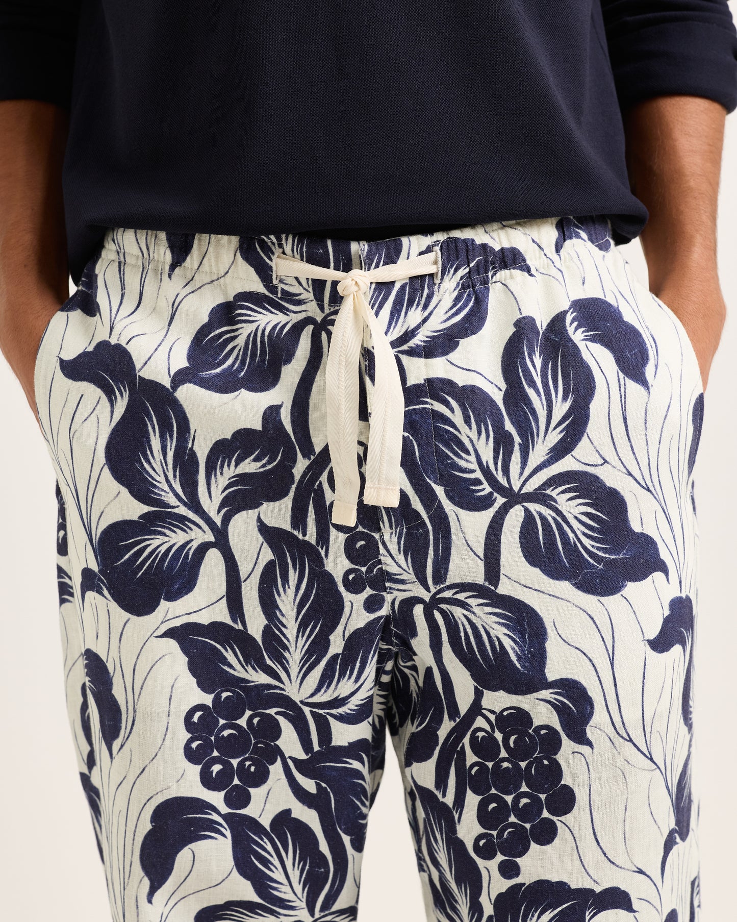 Alex Linen - Relaxed Fit Linen Trouser With Exclusive Petralis Print in Night Iris Detail View