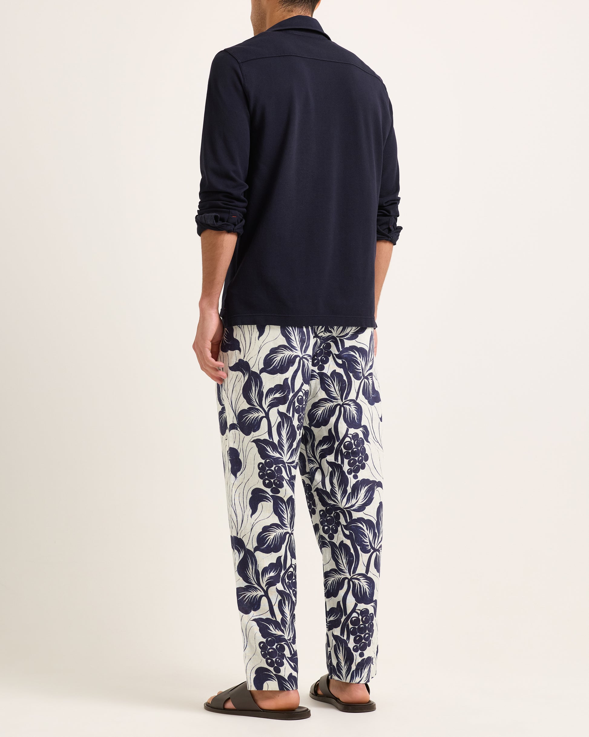 Alex Linen - Relaxed Fit Linen Trouser With Exclusive Petralis Print in Night Iris Model Back View