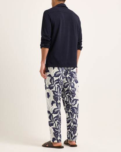 Alex Linen - Relaxed Fit Linen Trouser With Exclusive Petralis Print in Night Iris Model Back View
