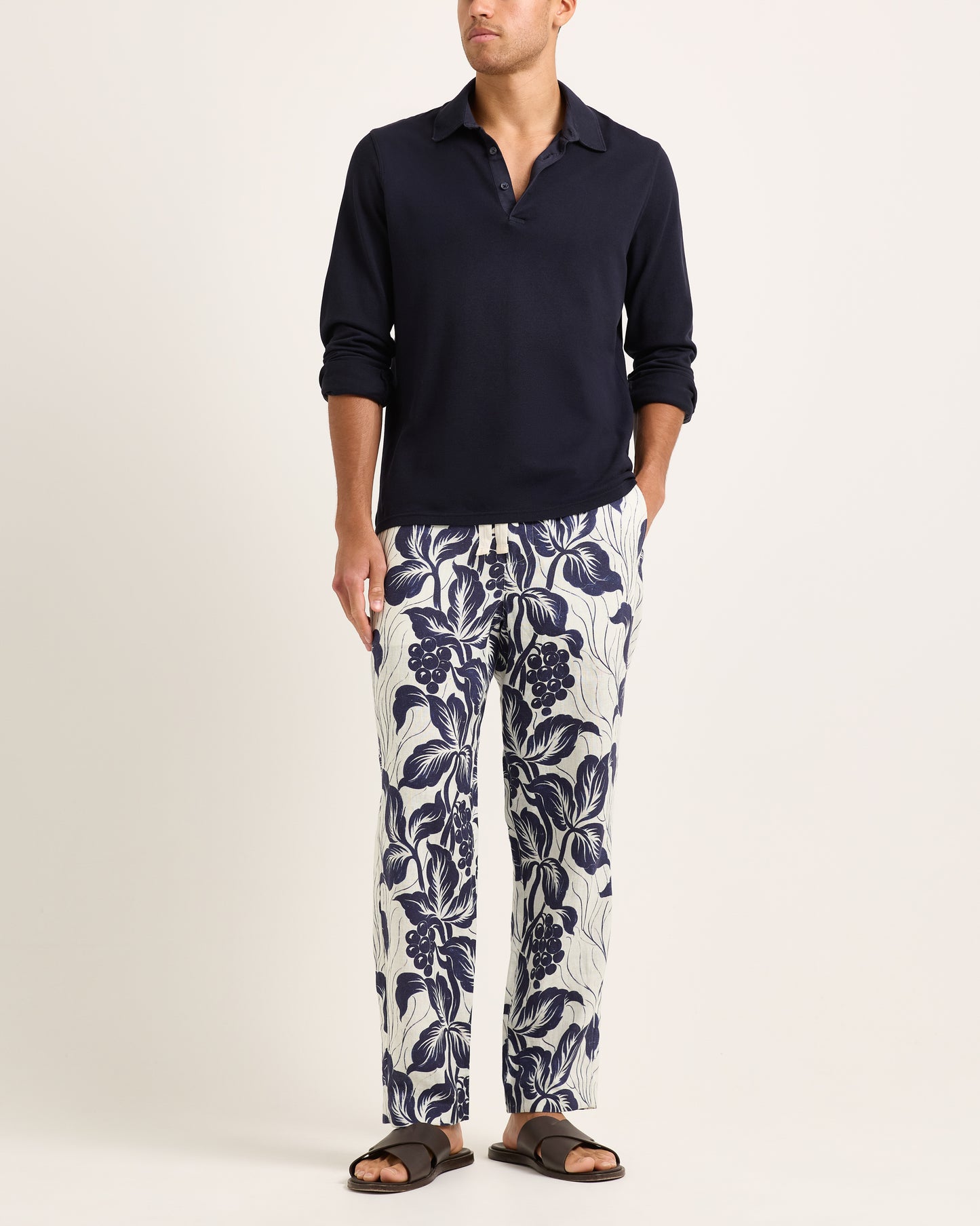 Alex Linen - Relaxed Fit Linen Trouser With Exclusive Petralis Print in Night Iris Model Front View