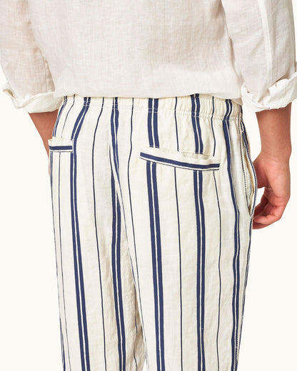 Alex Stripe - Azul Blue/Cashew Stripe Relaxed Fit Linen-Cotton Drawcord Trousers Detail 1