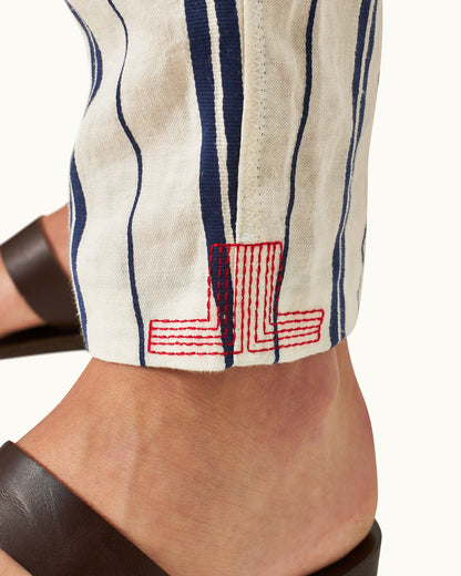 Alex Stripe - Azul Blue/Cashew Stripe Relaxed Fit Linen-Cotton Drawcord Trousers Detail 2