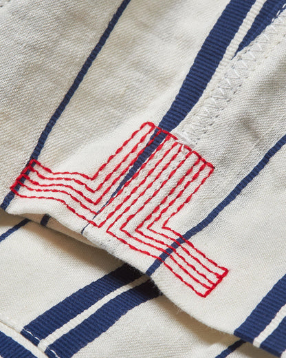Alex Stripe - Azul Blue/Cashew Stripe Relaxed Fit Linen-Cotton Drawcord Trousers Detail Logo