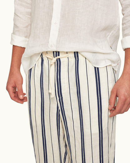 Alex Stripe - Azul Blue/Cashew Stripe Relaxed Fit Linen-Cotton Drawcord Trousers Detail