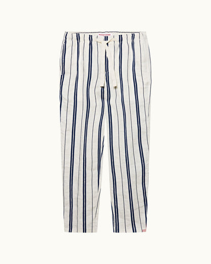 Alex Stripe - Azul Blue/Cashew Stripe Relaxed Fit Linen-Cotton Drawcord Trousers Front