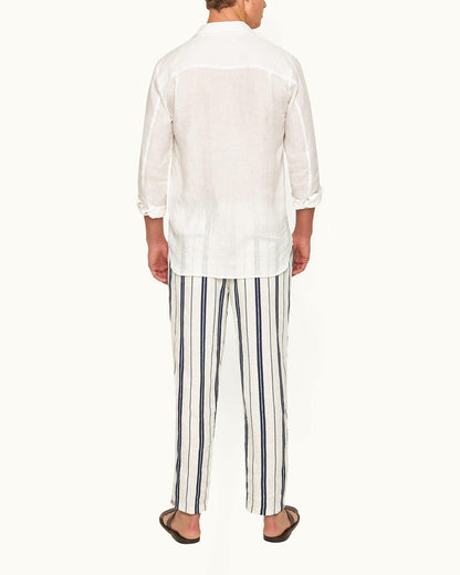 Alex Stripe - Azul Blue/Cashew Stripe Relaxed Fit Linen-Cotton Drawcord Trousers Model Back