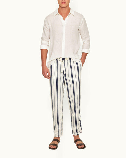 Alex Stripe - Azul Blue/Cashew Stripe Relaxed Fit Linen-Cotton Drawcord Trousers Model Front