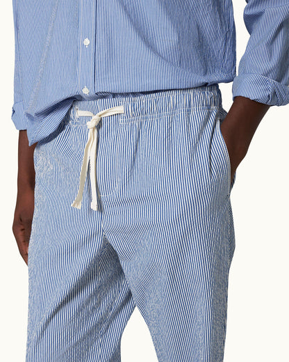 Alex Seersucker - Seersucker Relaxed Fit Drawcord Trousers in Blueberry/White Stripe Detail 1