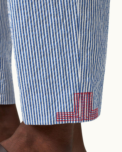 Alex Seersucker - Seersucker Relaxed Fit Drawcord Trousers in Blueberry/White Stripe Detail 3