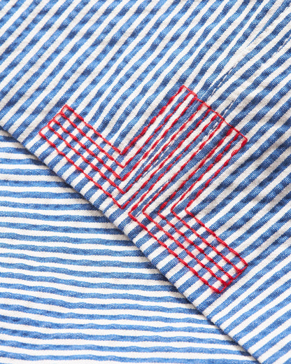 Alex Seersucker - Seersucker Relaxed Fit Drawcord Trousers in Blueberry/White Stripe Detail Logo