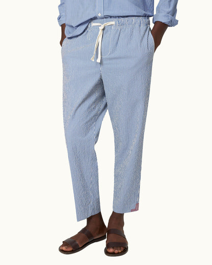 Alex Seersucker - Seersucker Relaxed Fit Drawcord Trousers in Blueberry/White Stripe Detail