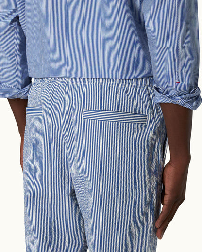 Alex Seersucker - Seersucker Relaxed Fit Drawcord Trousers in Blueberry/White Stripe Detail Other