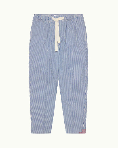 Alex Seersucker - Seersucker Relaxed Fit Drawcord Trousers in Blueberry/White Stripe Front