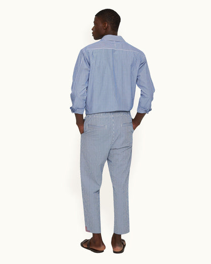 Alex Seersucker - Seersucker Relaxed Fit Drawcord Trousers in Blueberry/White Stripe Model Back