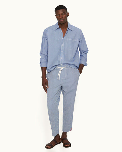 Alex Seersucker - Seersucker Relaxed Fit Drawcord Trousers in Blueberry/White Stripe Model Front