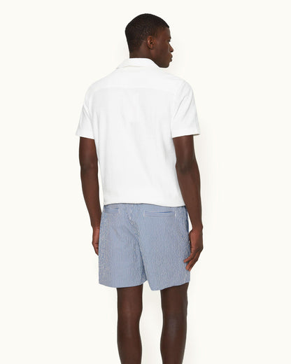 Alex Seersucker - Seersucker Relaxed Fit Drawcord Shorts Woven In Italy in Blueberry/White Stripe colours Model Back