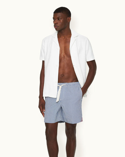 Alex Seersucker - Seersucker Relaxed Fit Drawcord Shorts Woven In Italy in Blueberry/White Stripe colours Model Front