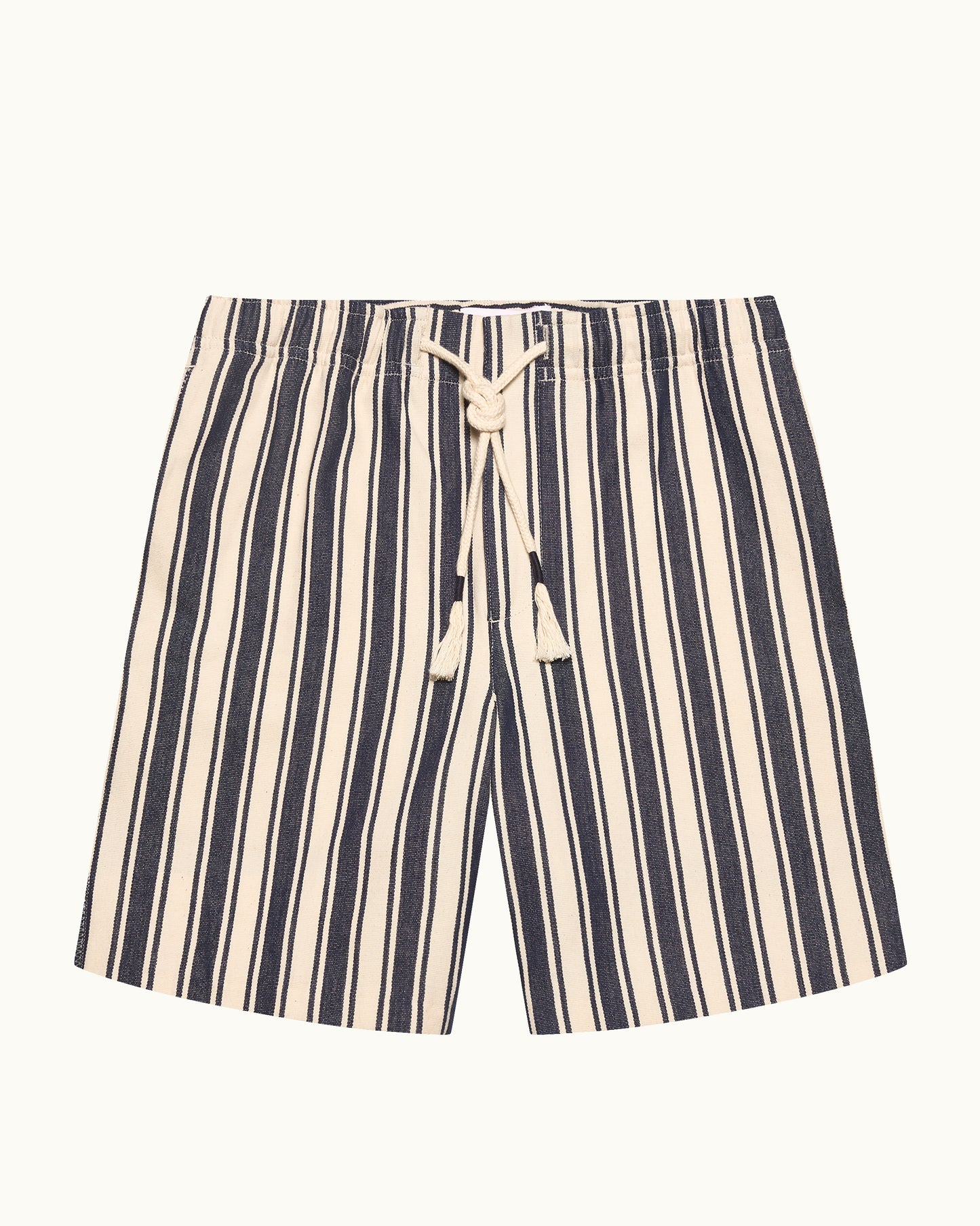 Striped navy and white shorts with cord waist on a white background
