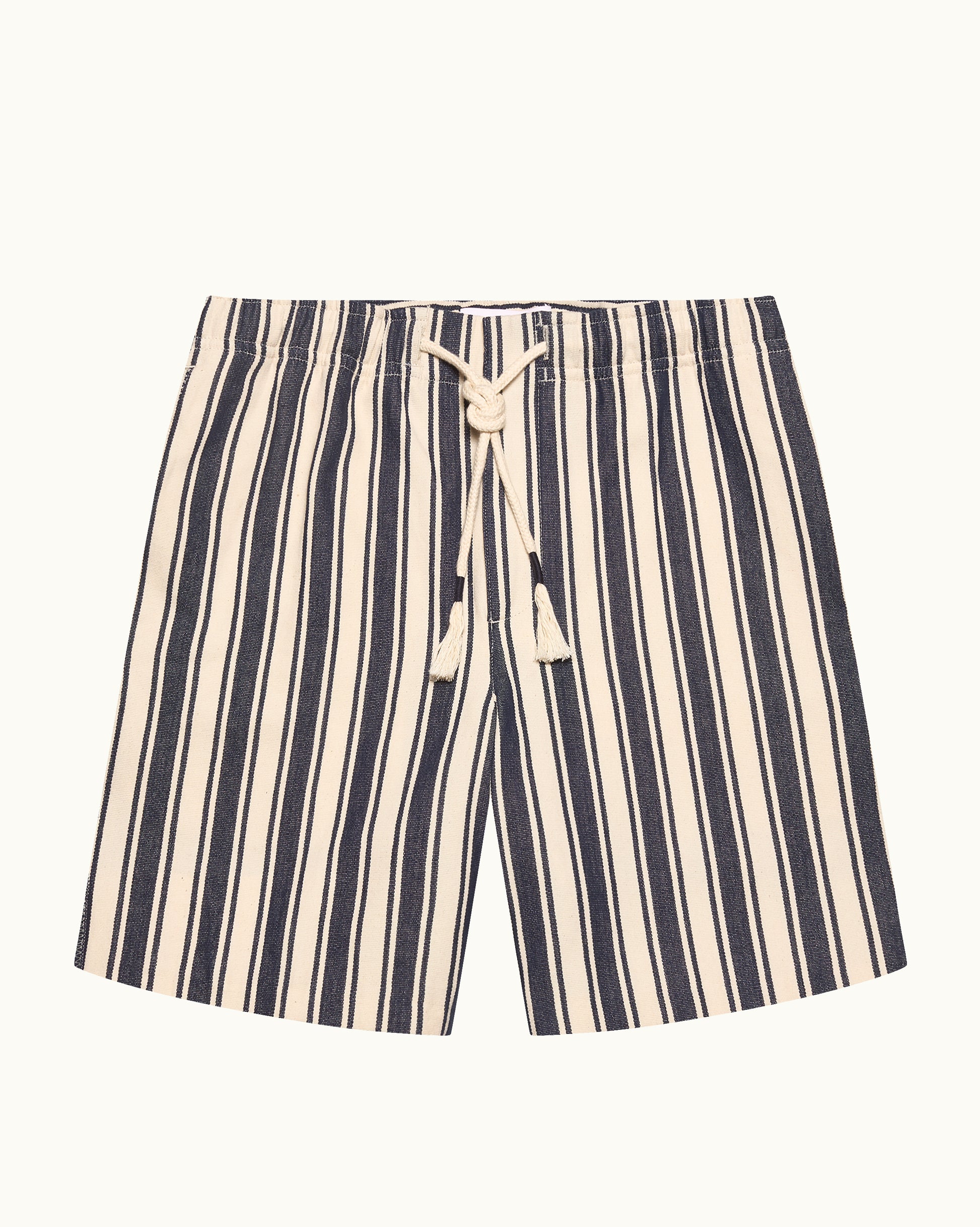 Striped navy and white shorts with cord waist on a white background