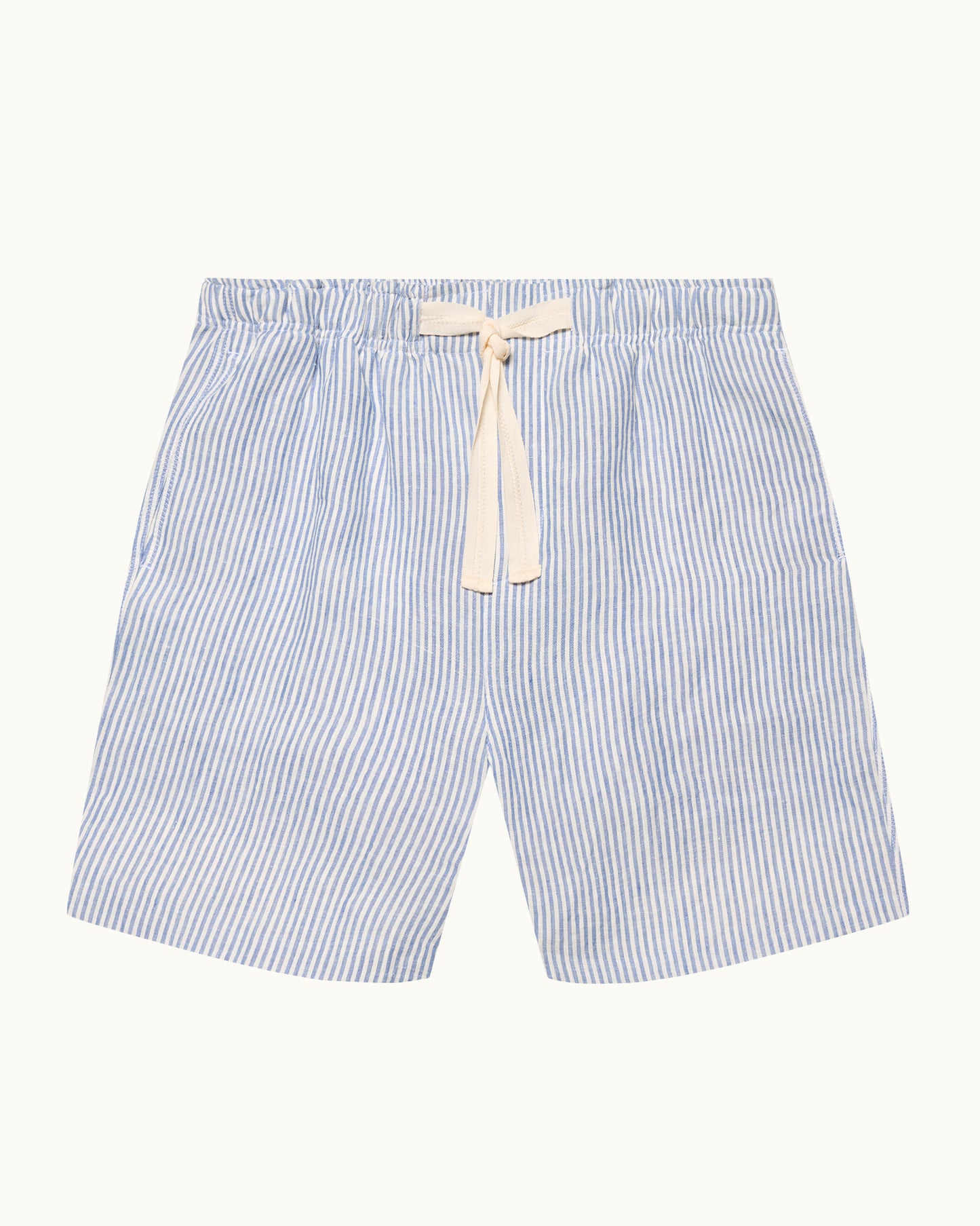 Blue and white striped shorts with a drawstring on a white background