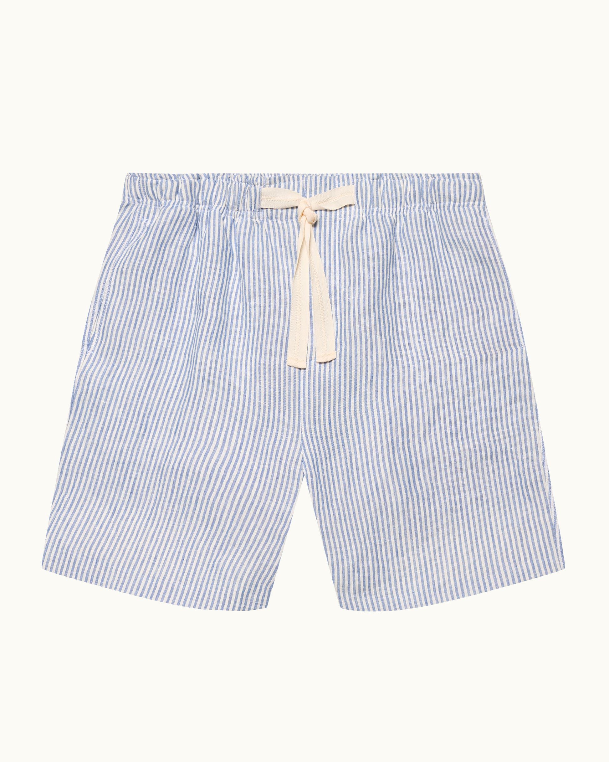 Blue and white striped shorts with a drawstring on a white background