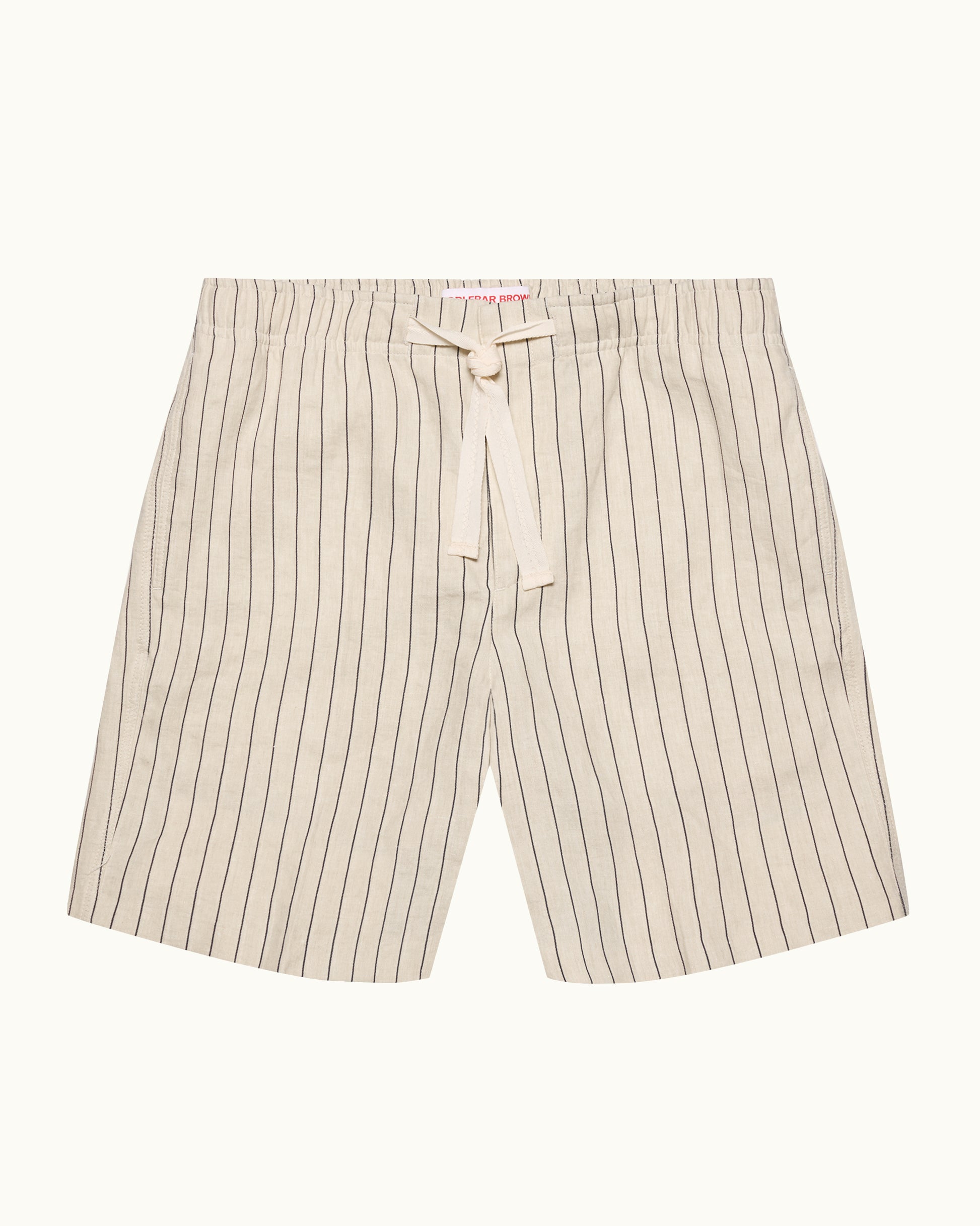 Beige pinstripe shorts on a white background