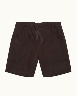Brown shorts with a tie waist on a white background