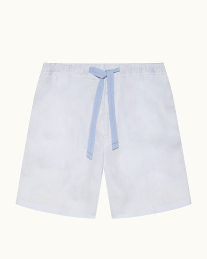 Blue shorts with a blue tie on a white background