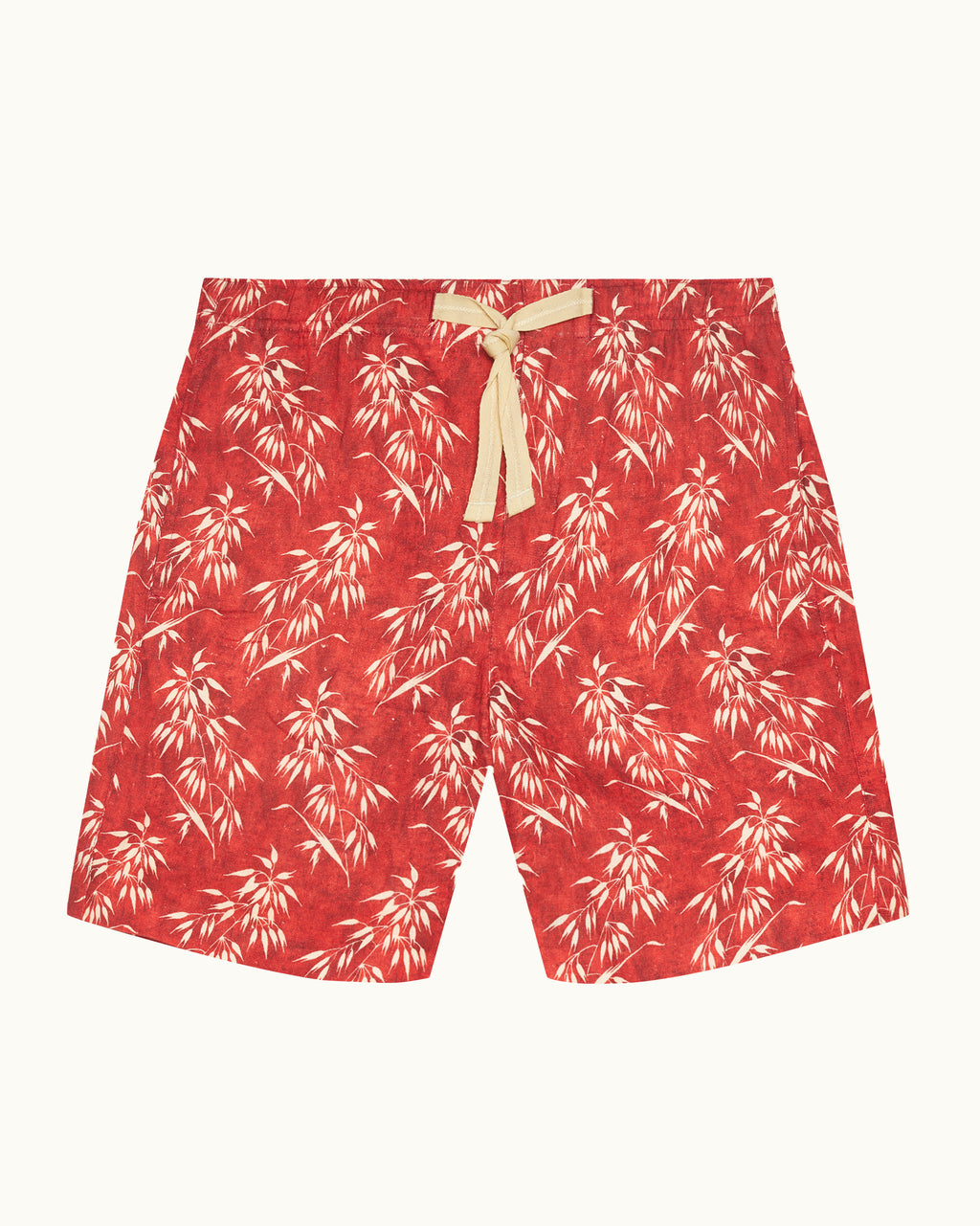 Alex - Relaxed Fit Bamboo Print Drawcord Linen Shorts in Summer Red/White Sand Front View