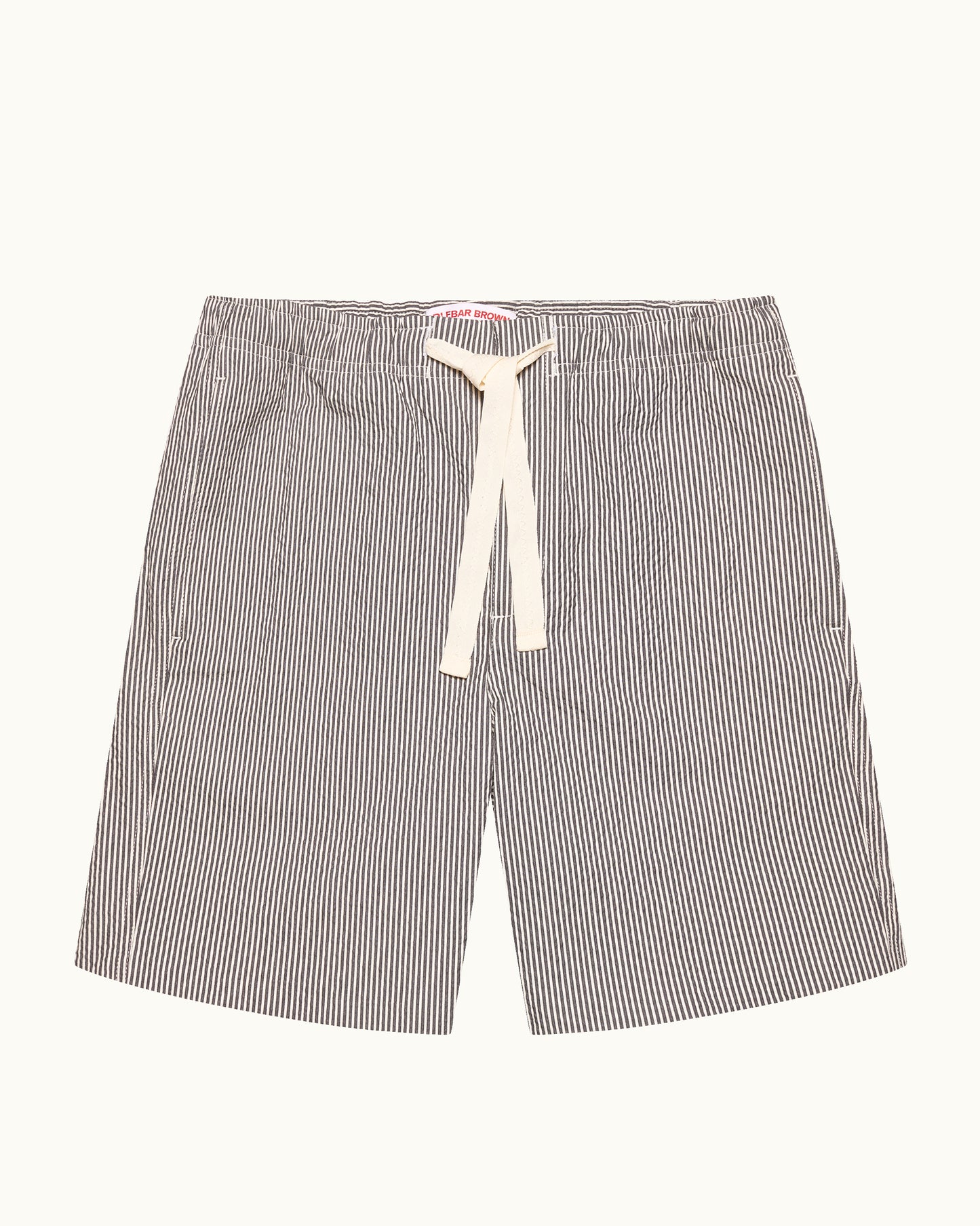 Gray and white striped shorts with a drawstring on a light gray background