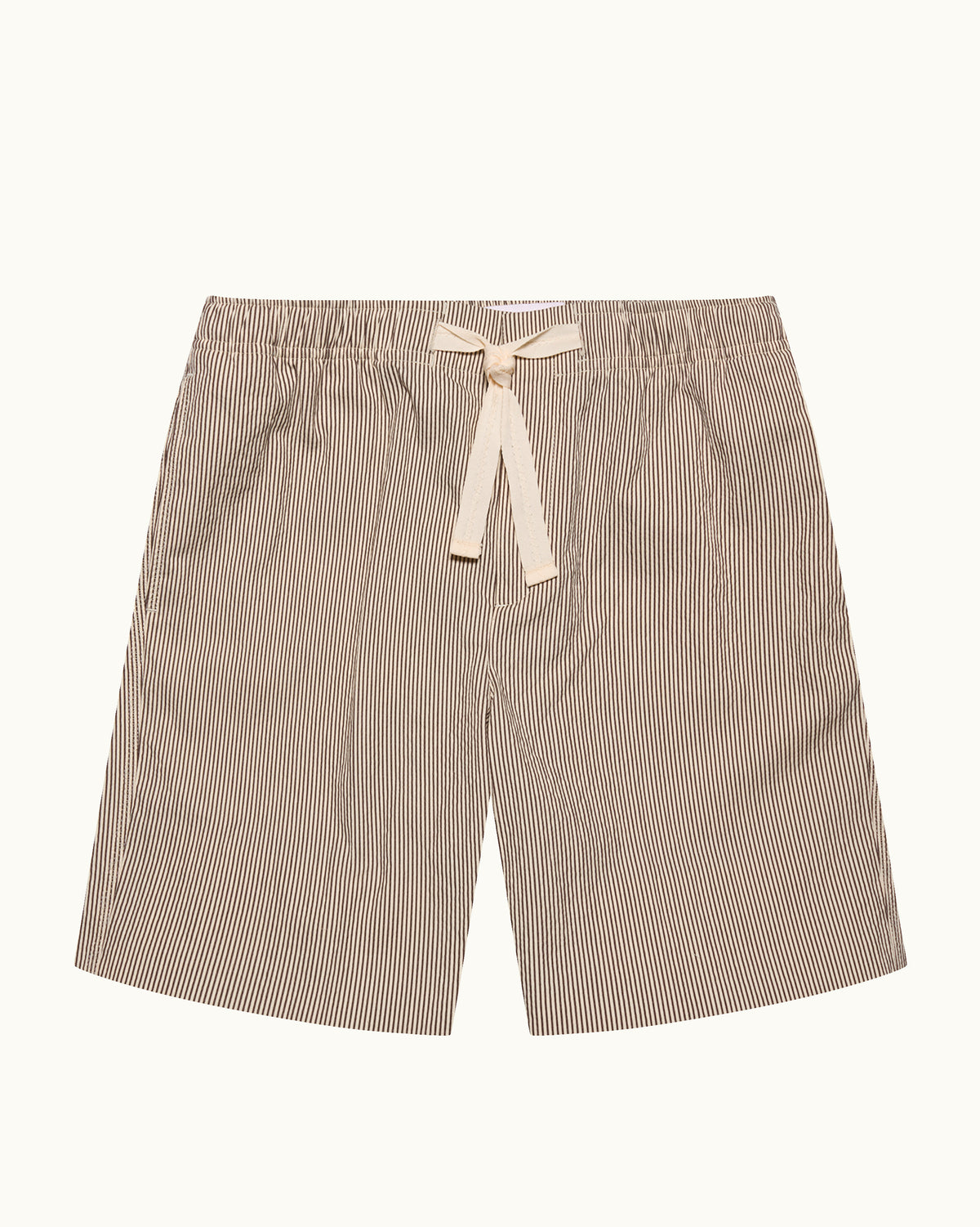 Beige striped drawcord shorts on a white background