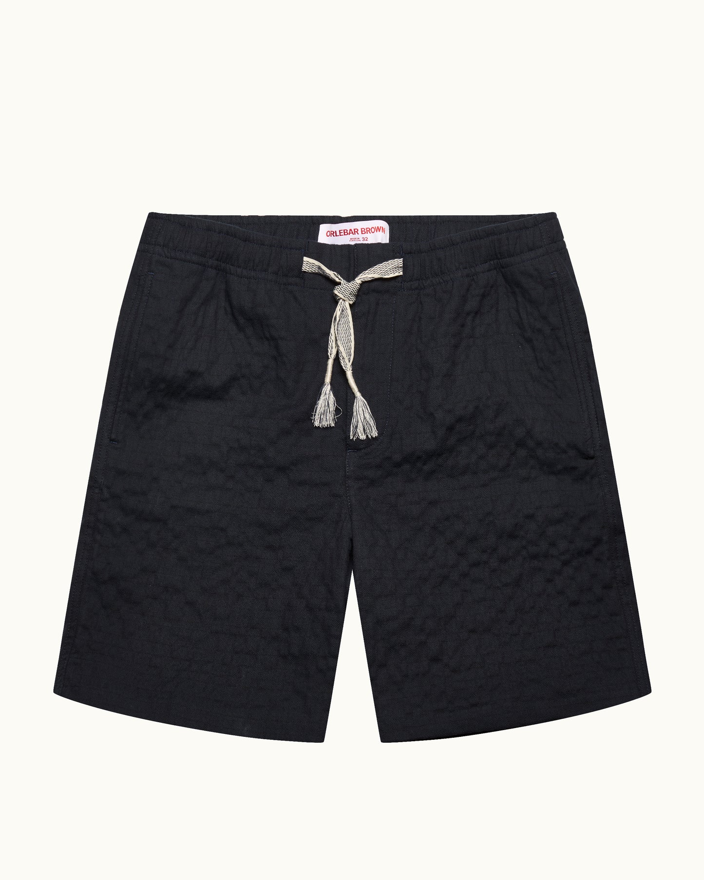 Navy shorts with tie waist on a white background