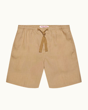 Alex Linen - Relaxed Fit Italian Linen Drawcord Shorts In Biscuit Colour Front View