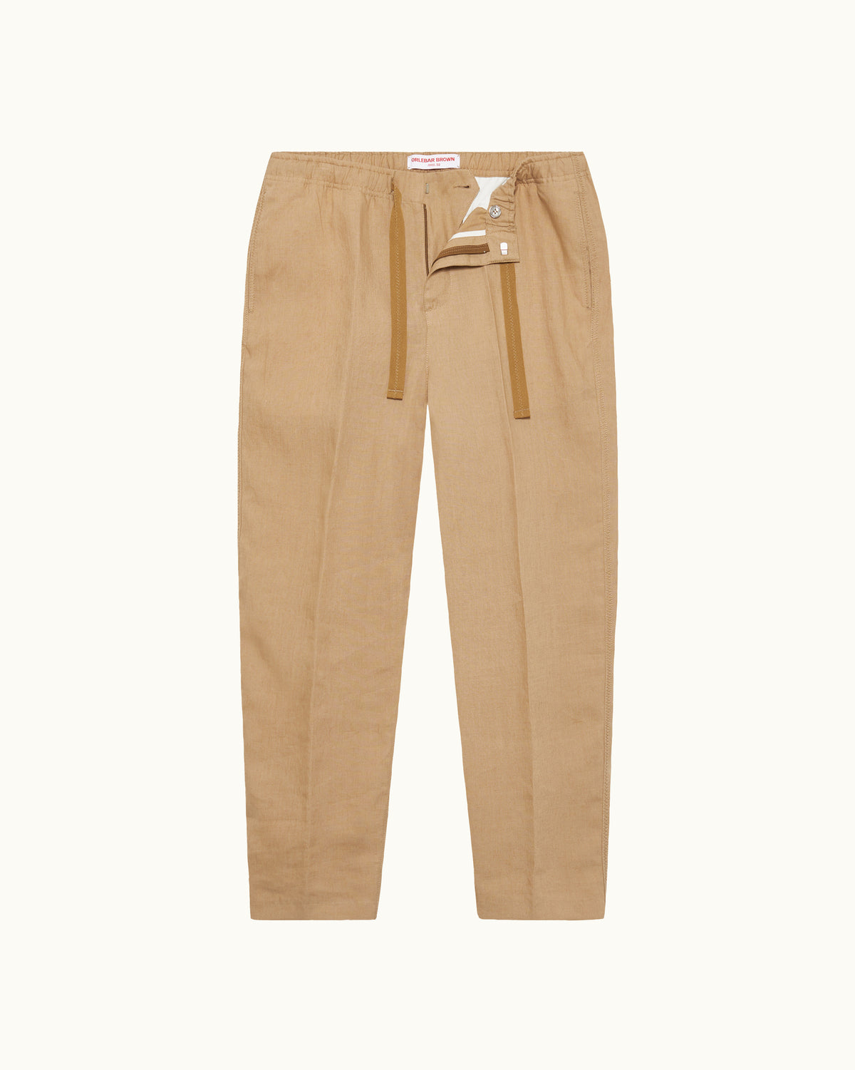 Alex Linen - Relaxed Fit Italian Linen Drawcord Zip Fly Trousers In Biscuit Front View