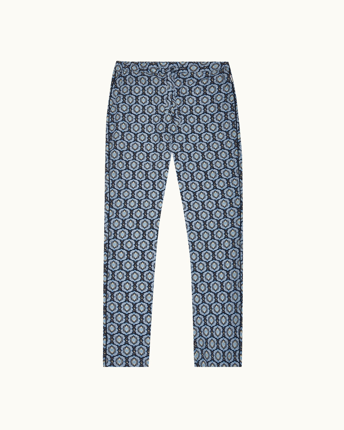 Blue patterned pants on a white background