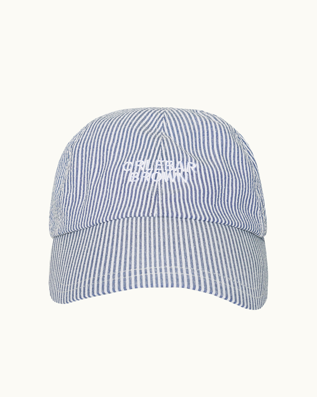 A blue and white striped baseball cap with 'ORLEBAR BROWNS' embroidered in white on the front, set against a solid off-white background.