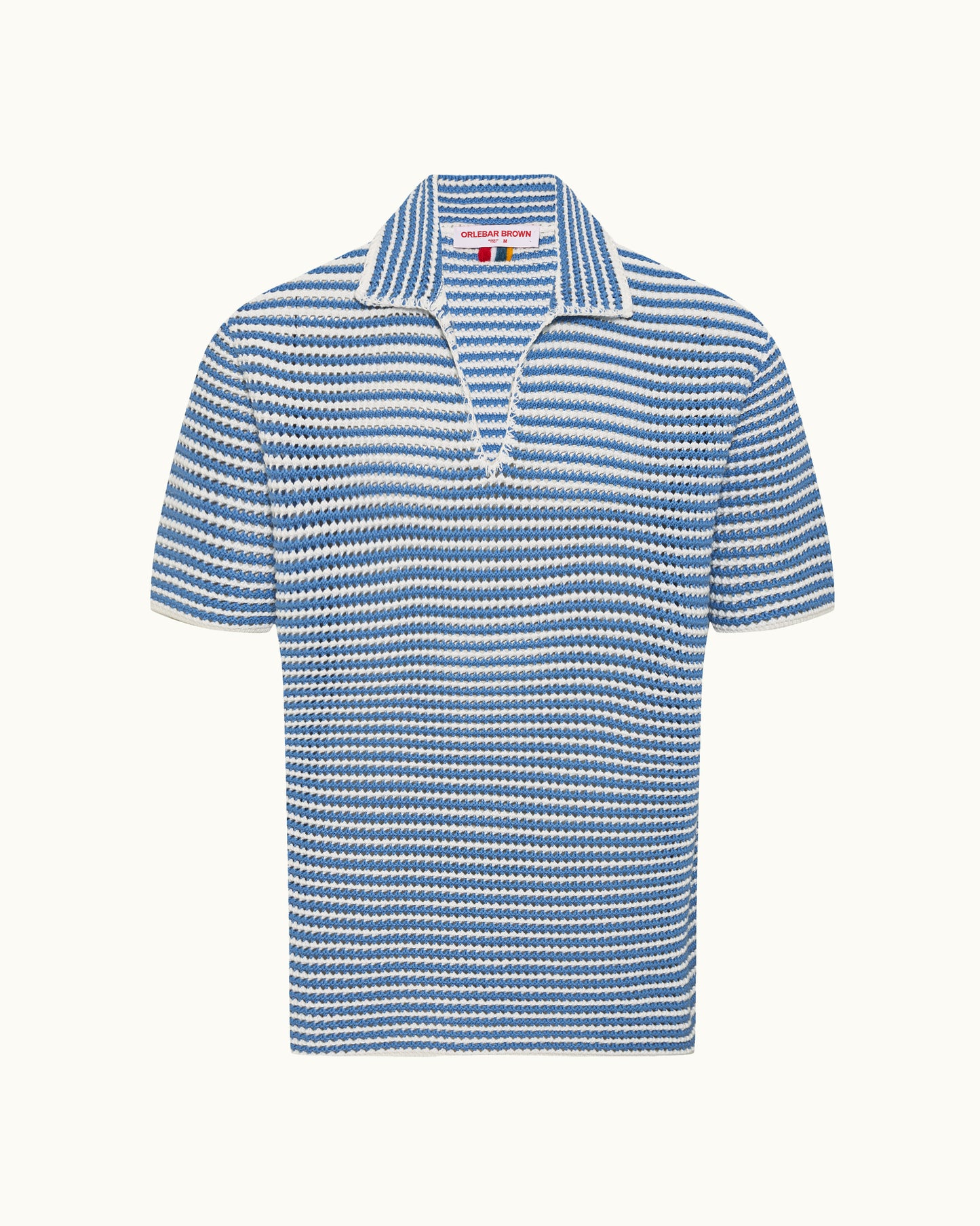 Blue and white striped polo shirt on a white background