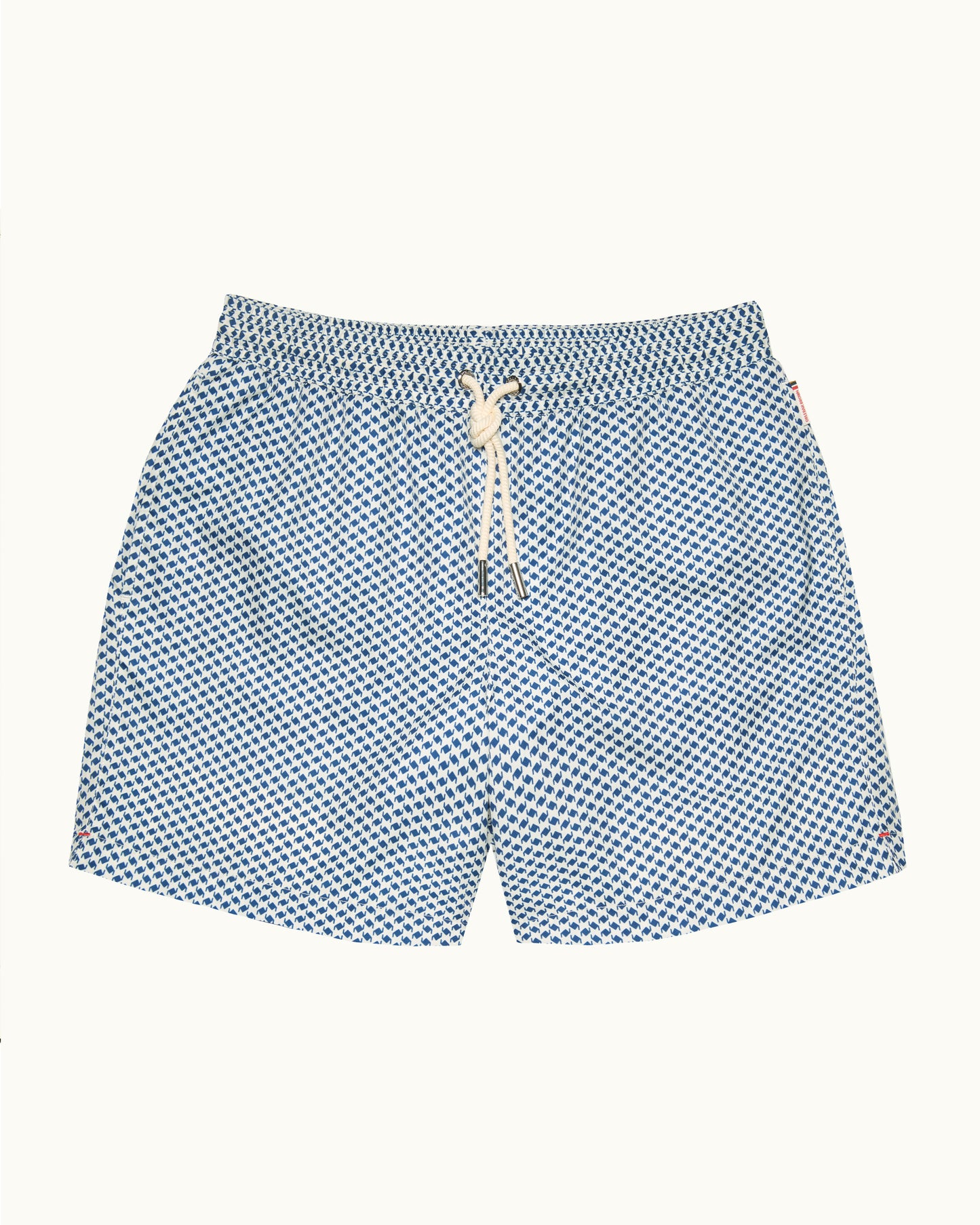 Blue checkered swim shorts with a drawstring on a white background